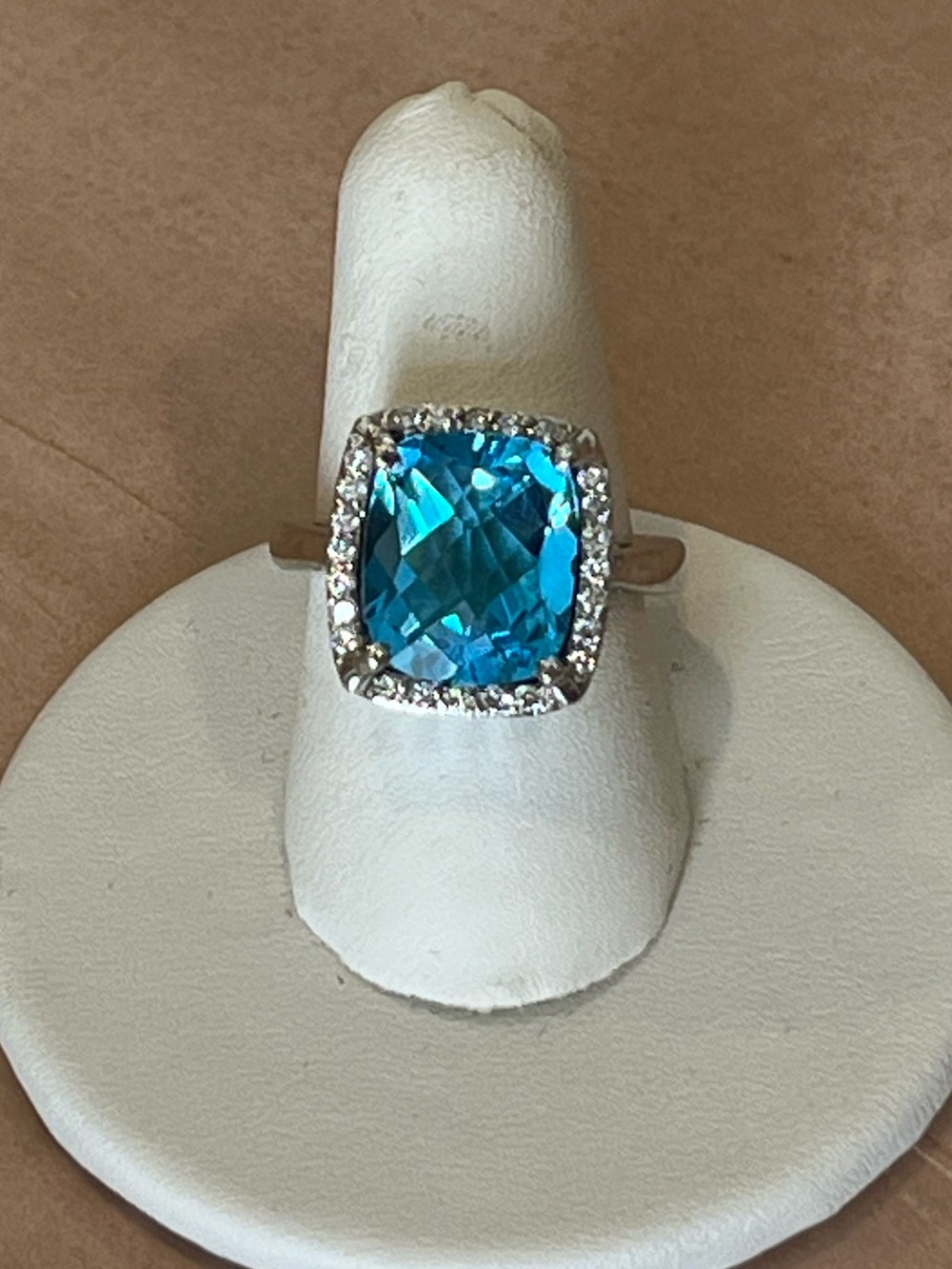 Silver-Tone Cushion-Cut Blue Halo Statement Ring 14K GE Size 6